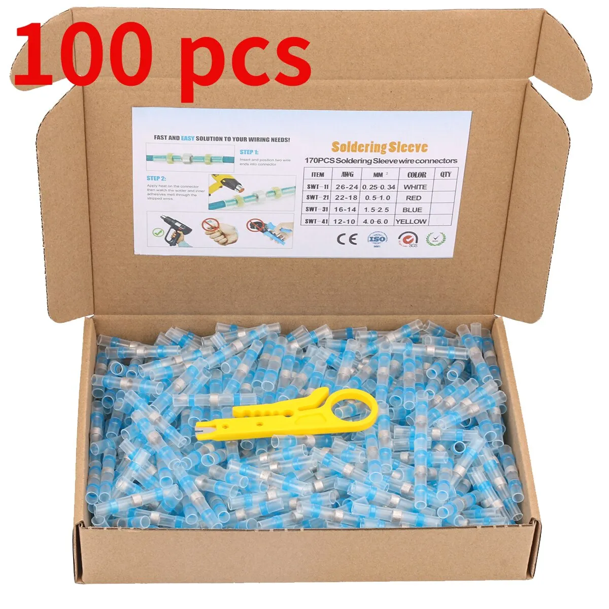 100pcs Heat Shrink Butt Splice Connectors Wire Connector Heat Sleeve Tube Electrical Splice Solder Cable Heat Shrink with Solder