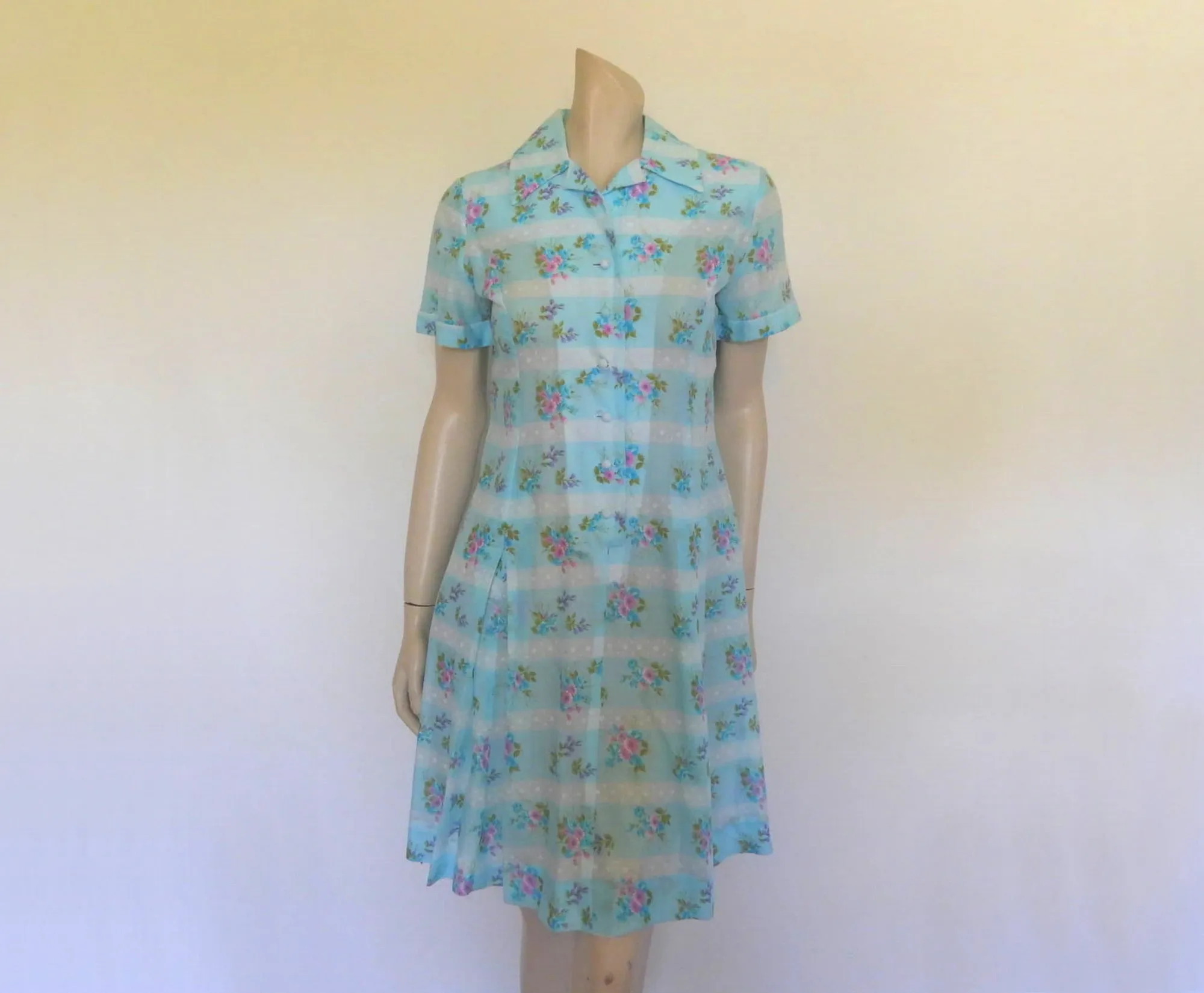 1970s Blue Floral Dress by Lemona - M