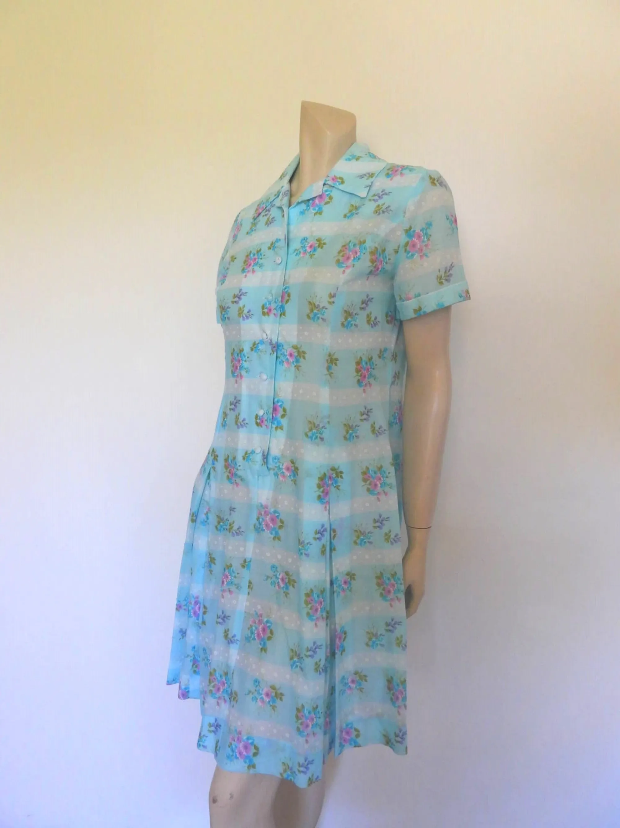 1970s Blue Floral Dress by Lemona - M