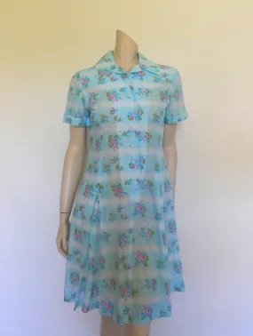 1970s Blue Floral Dress by Lemona - M