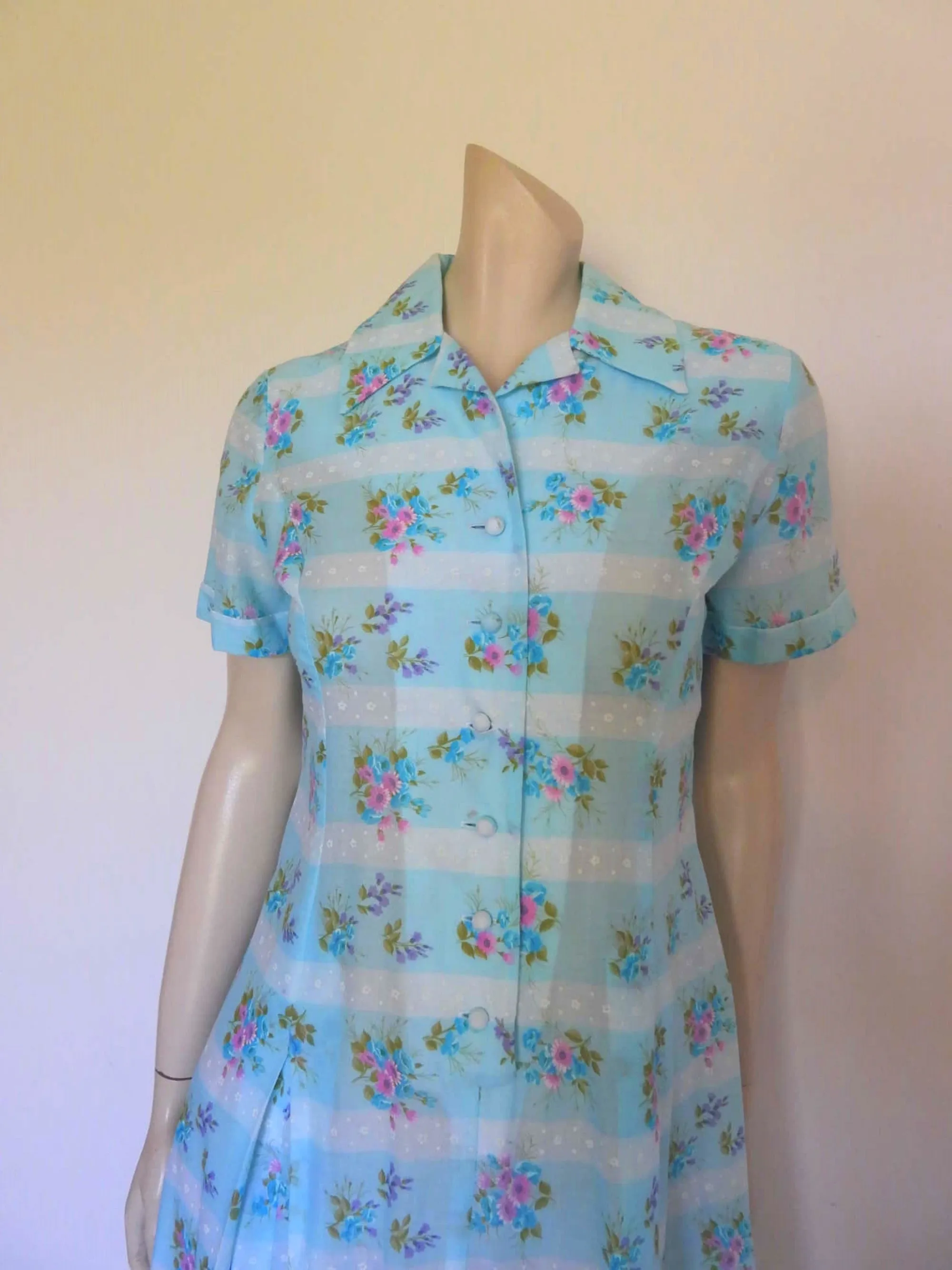 1970s Blue Floral Dress by Lemona - M