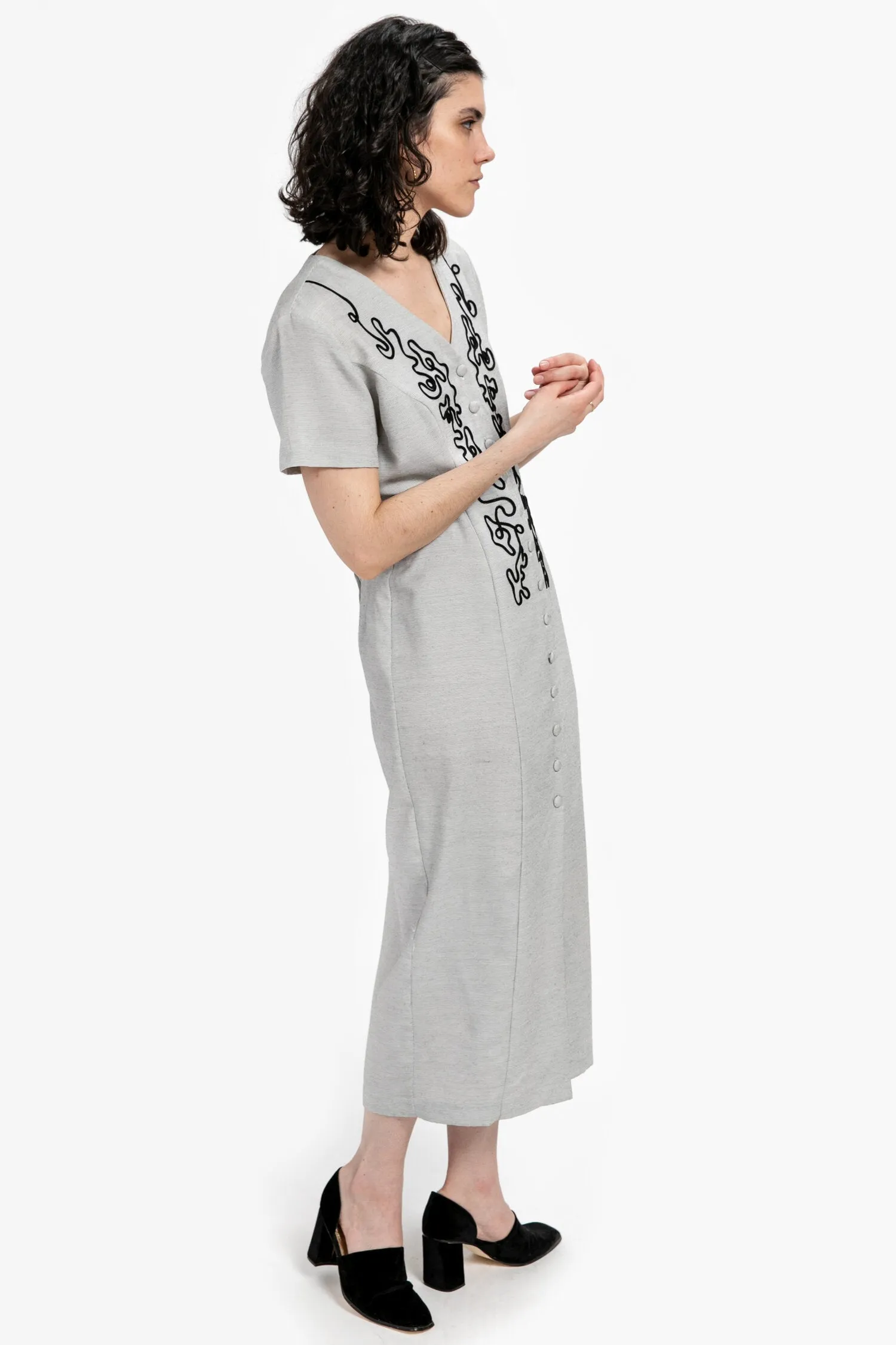 80s Grey Squiggle Embroidered Dress L