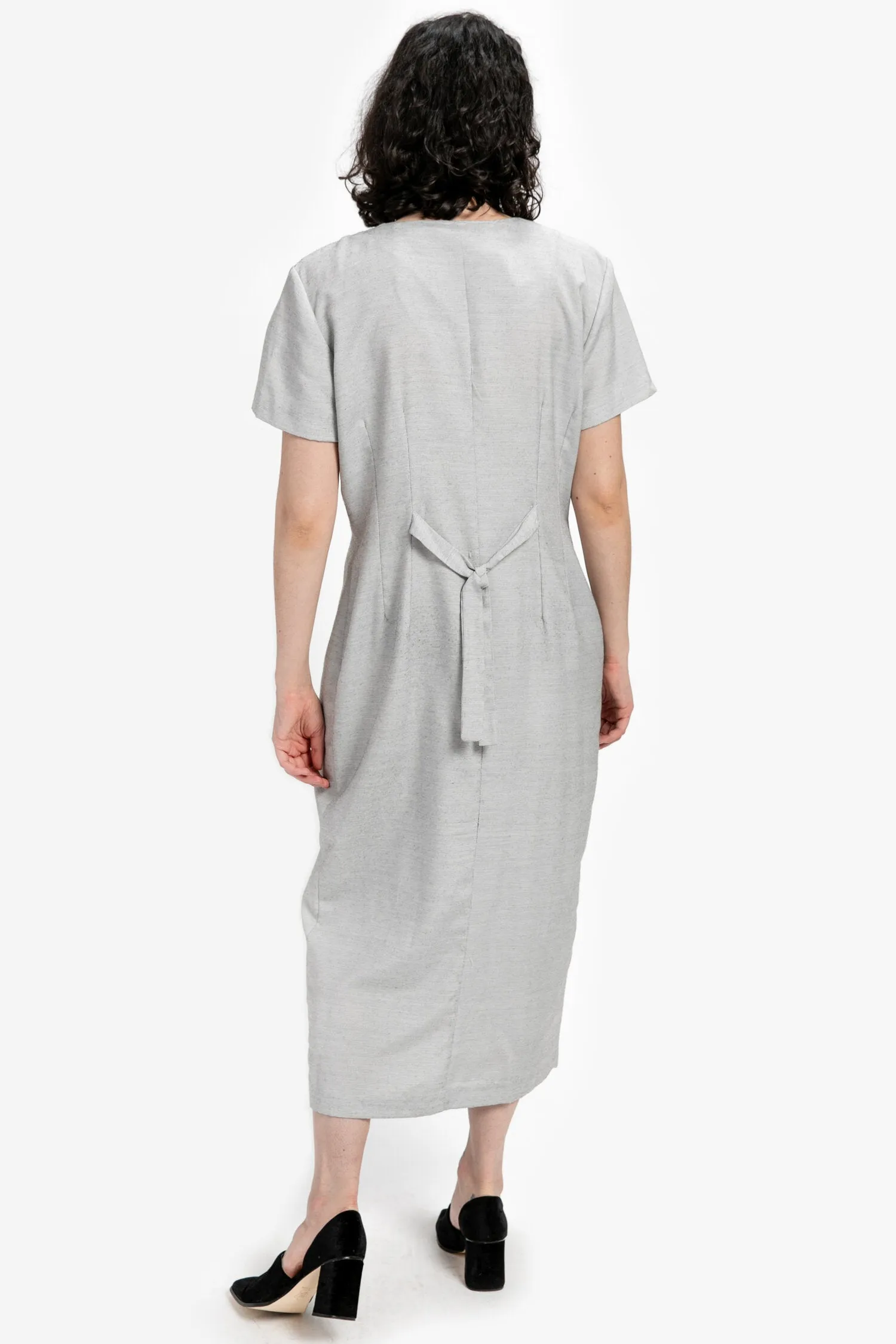 80s Grey Squiggle Embroidered Dress L