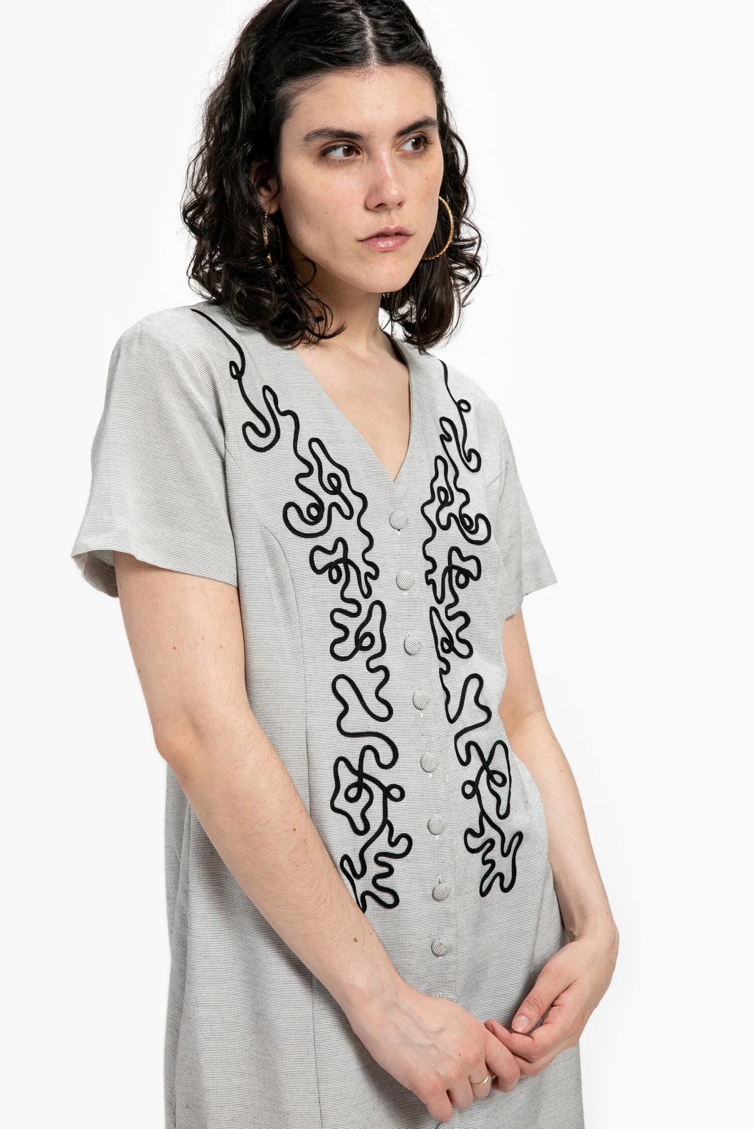 80s Grey Squiggle Embroidered Dress L
