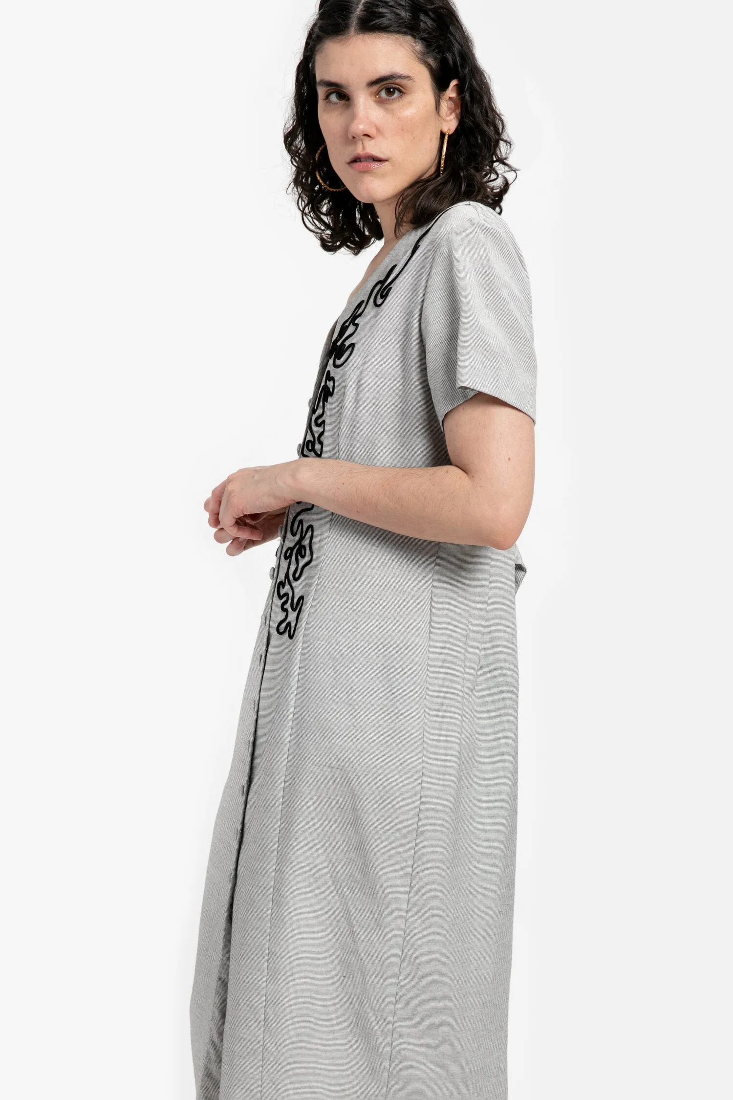 80s Grey Squiggle Embroidered Dress L