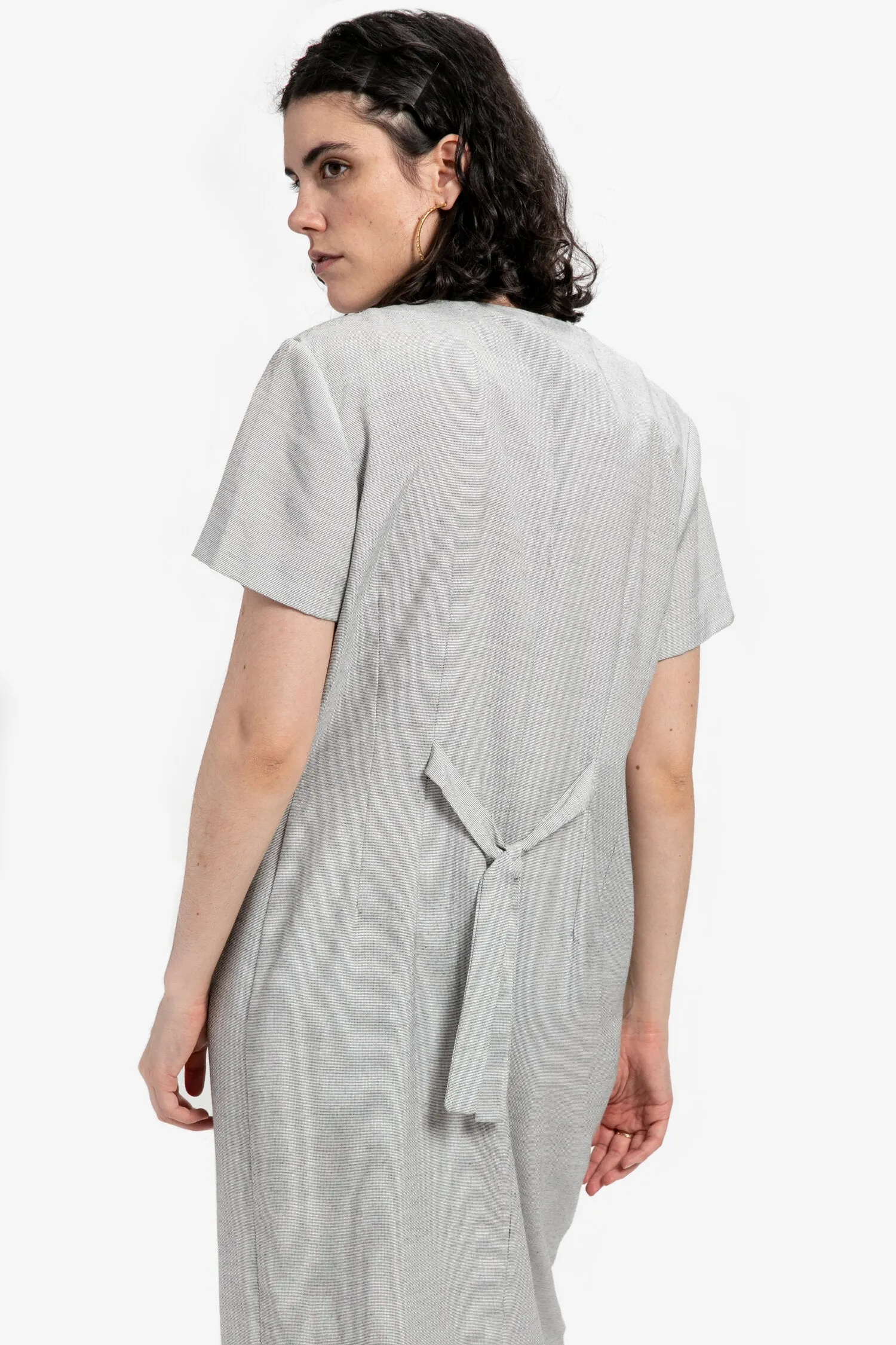 80s Grey Squiggle Embroidered Dress L
