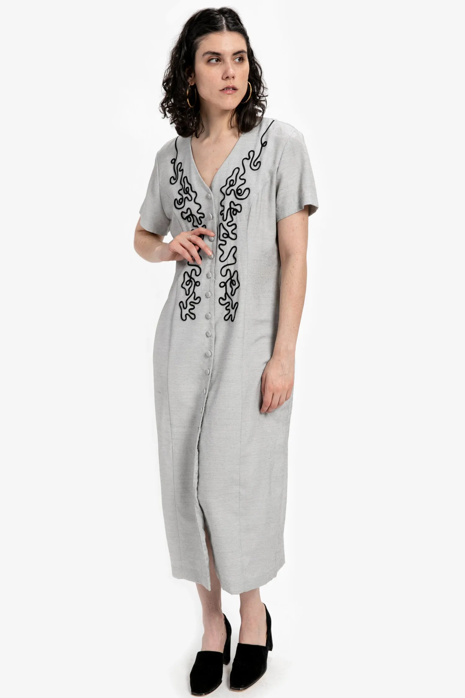 80s Grey Squiggle Embroidered Dress L