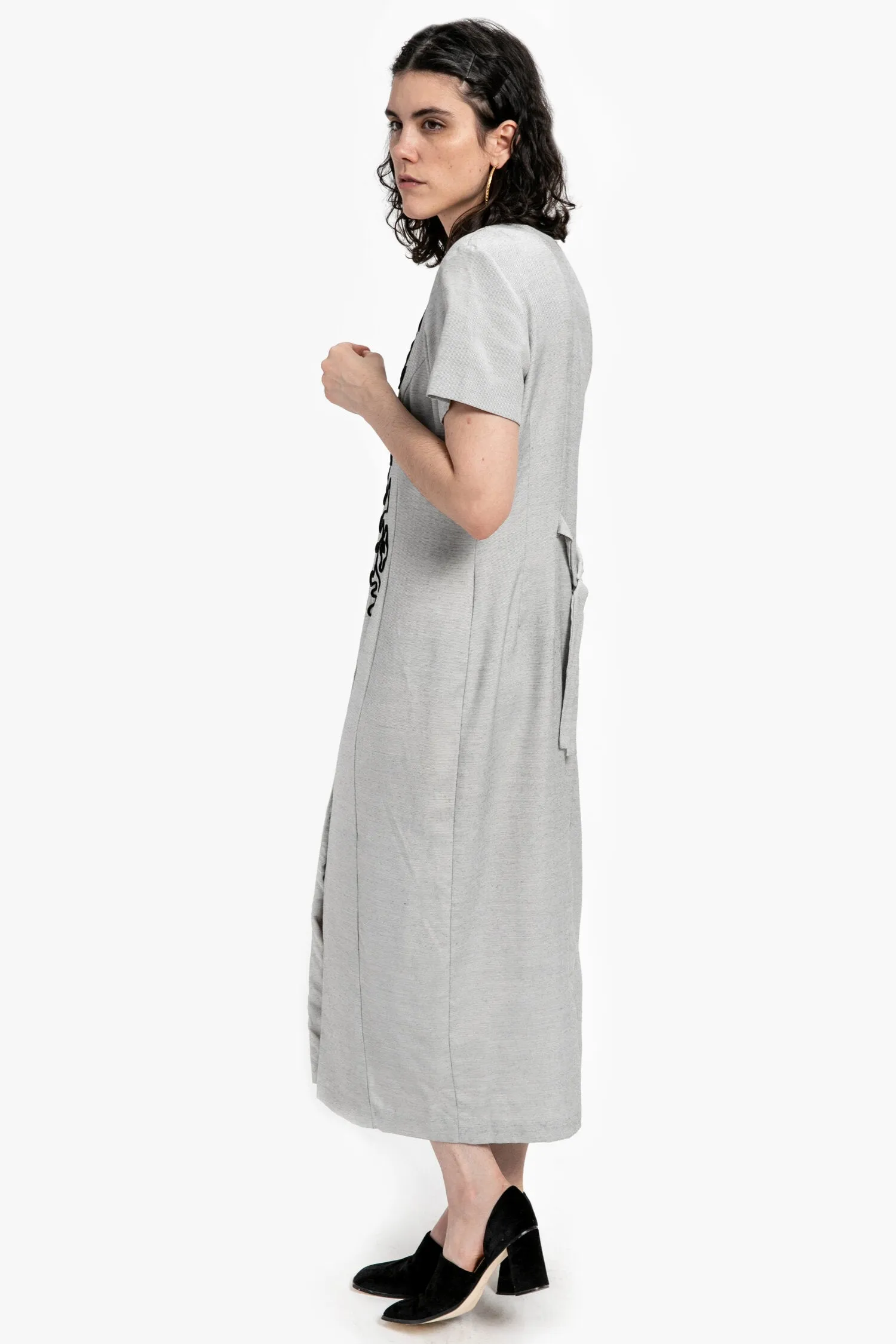 80s Grey Squiggle Embroidered Dress L