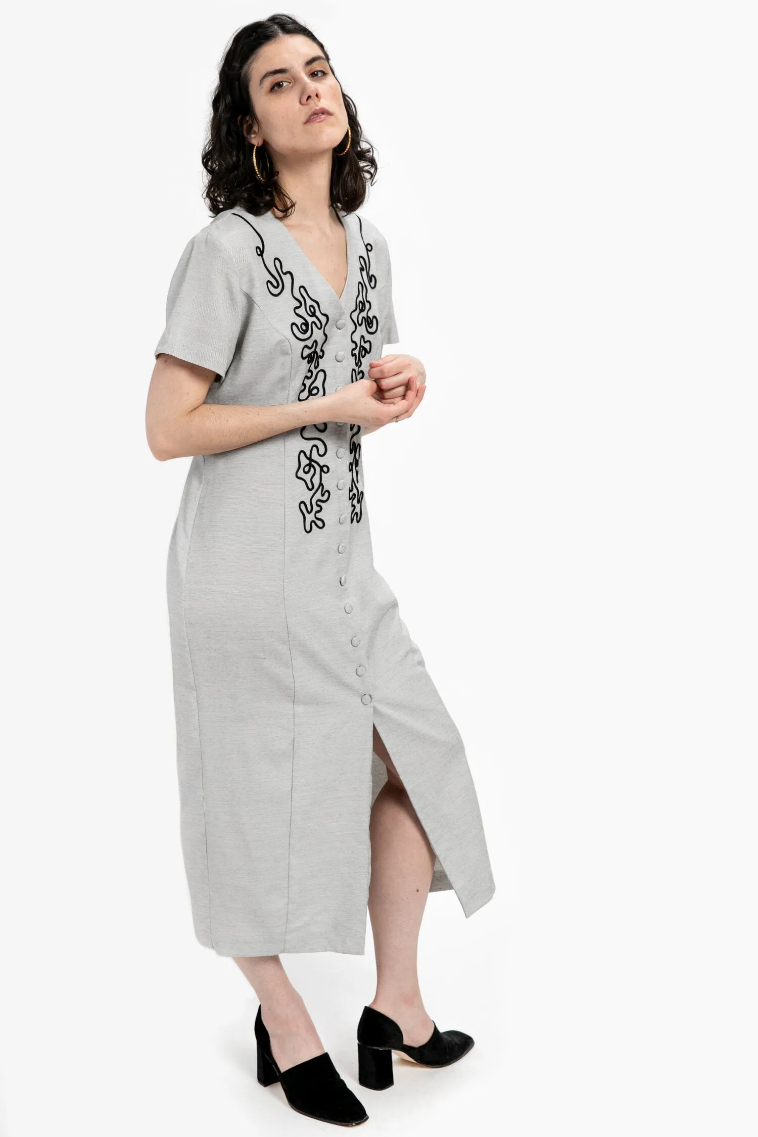 80s Grey Squiggle Embroidered Dress L