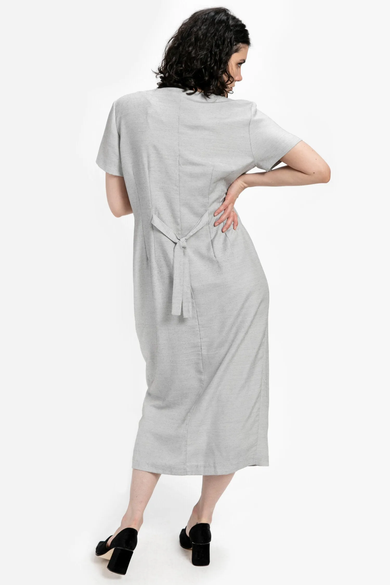 80s Grey Squiggle Embroidered Dress L
