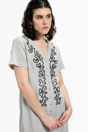 80s Grey Squiggle Embroidered Dress L