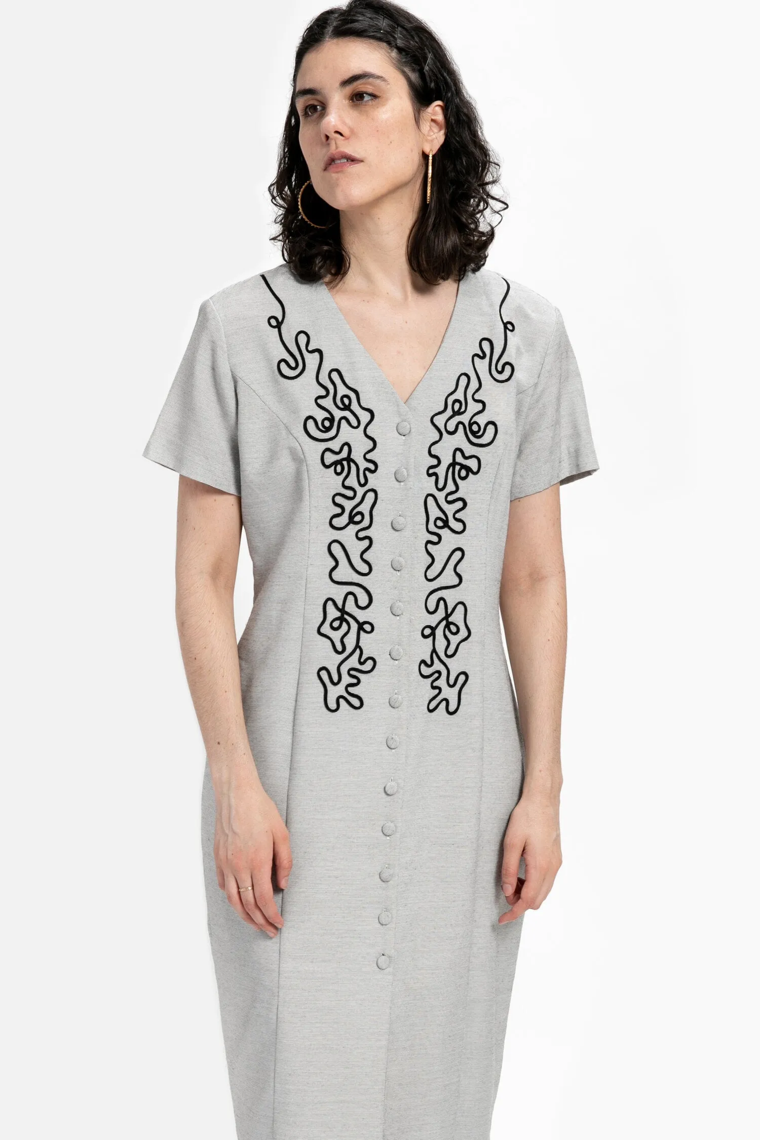 80s Grey Squiggle Embroidered Dress L