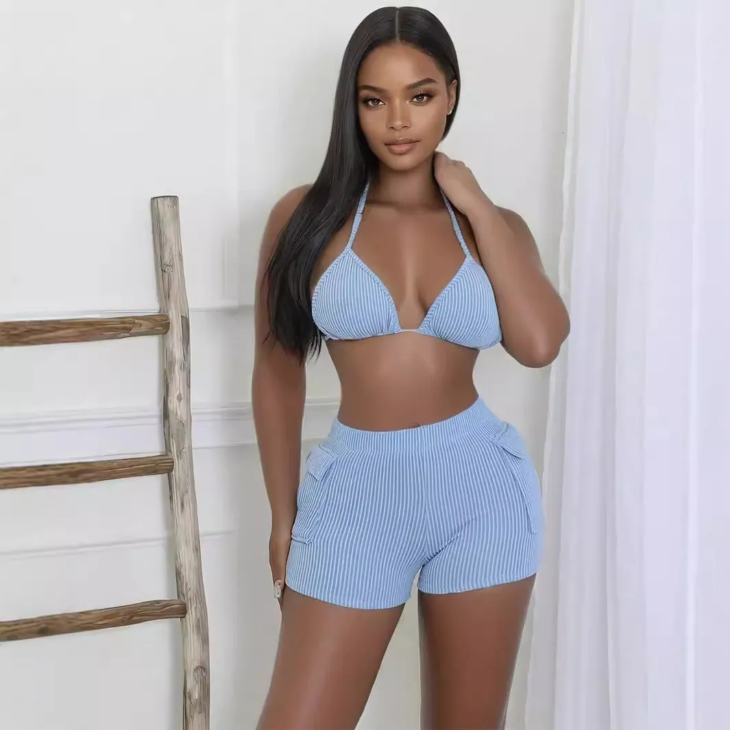 Amozae 2000s dti 2024 Summer New Solid Color Casual Slim-Fit Sexy Hot Girl Long-Sleeved Jacket Shorts Three-Piece Set