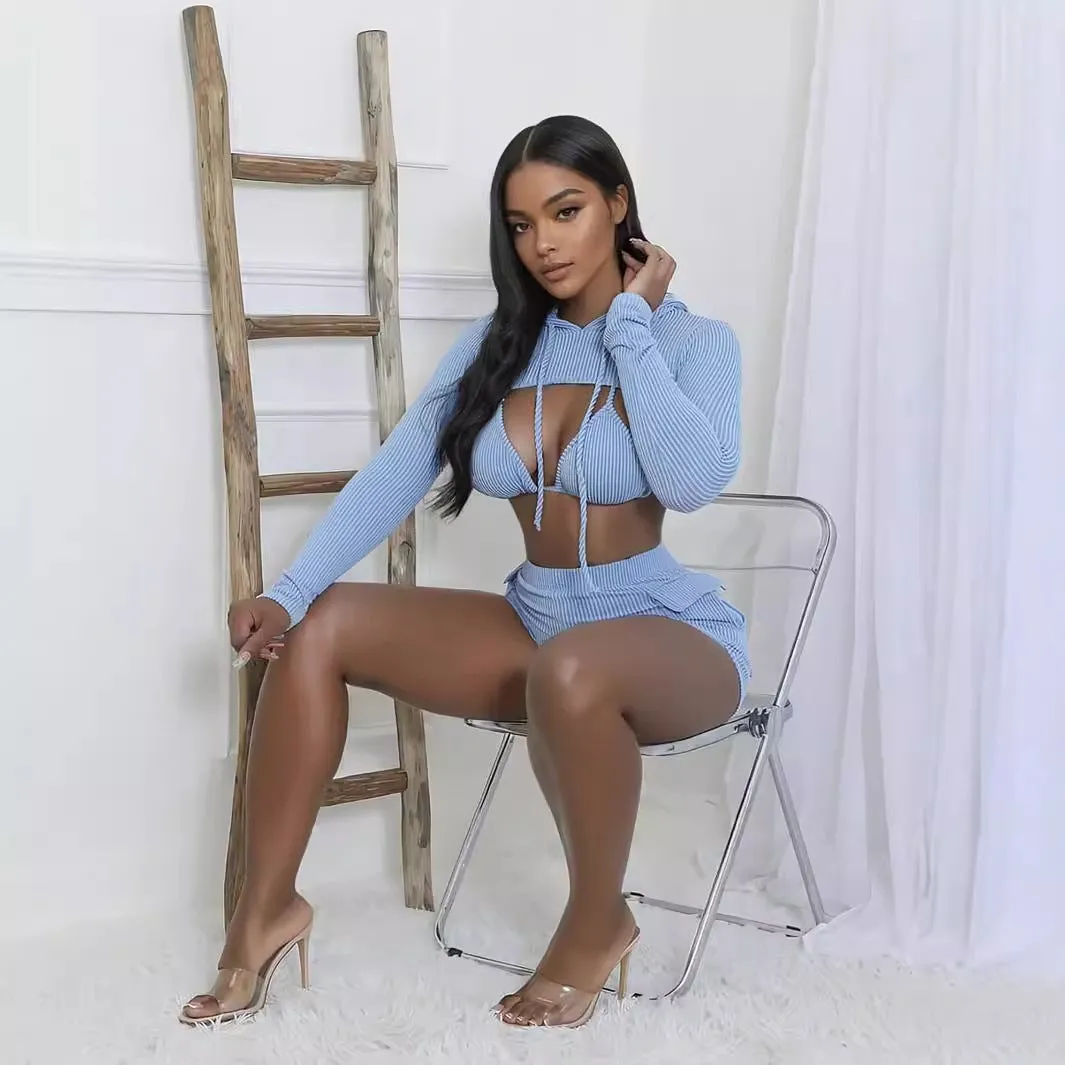 Amozae 2000s dti 2024 Summer New Solid Color Casual Slim-Fit Sexy Hot Girl Long-Sleeved Jacket Shorts Three-Piece Set