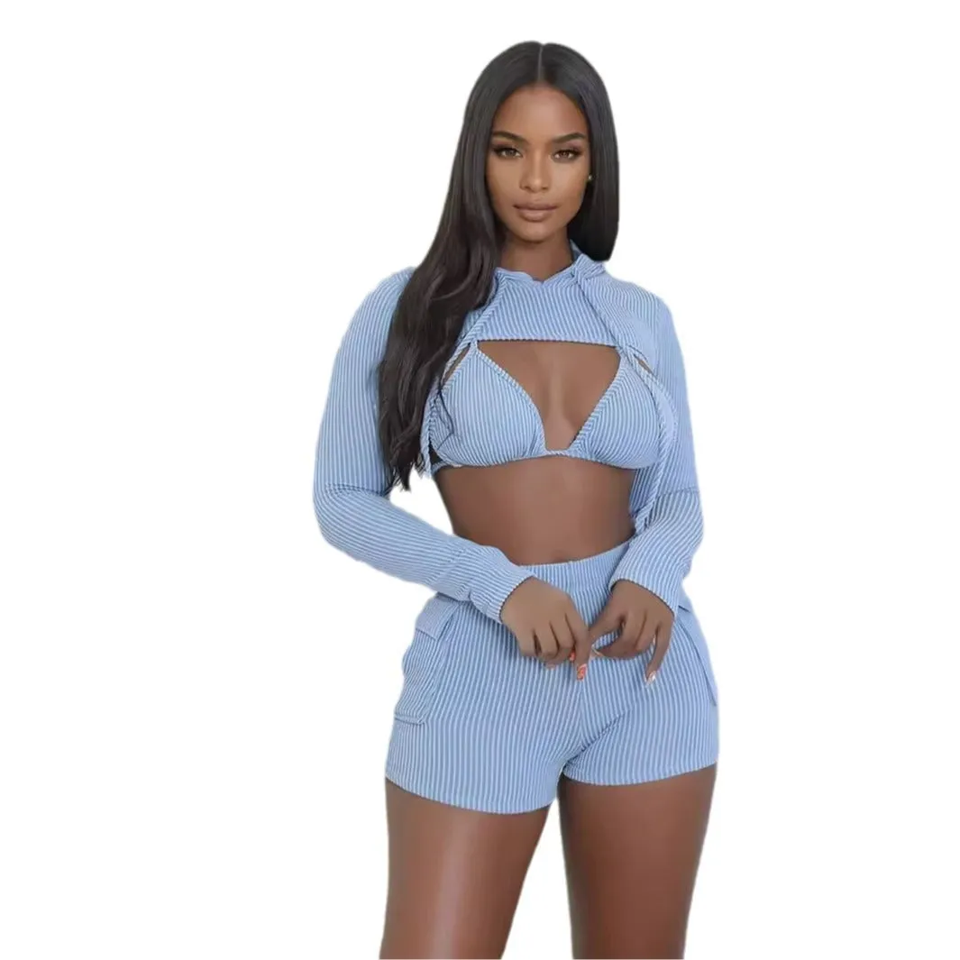 Amozae 2000s dti 2024 Summer New Solid Color Casual Slim-Fit Sexy Hot Girl Long-Sleeved Jacket Shorts Three-Piece Set