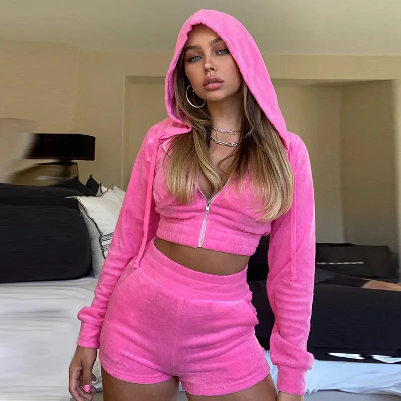 Amozae brown fur boots outfit Women's Two-Piece Sweater Hooded Navel Long Sleeve Zipper Jacket Slim Shorts Gold Velvet Suit