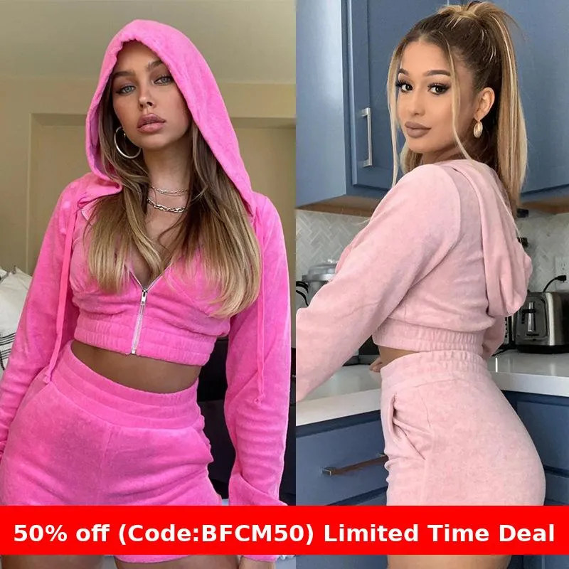 Amozae brown fur boots outfit Women's Two-Piece Sweater Hooded Navel Long Sleeve Zipper Jacket Slim Shorts Gold Velvet Suit