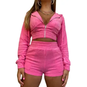 Amozae brown fur boots outfit Women's Two-Piece Sweater Hooded Navel Long Sleeve Zipper Jacket Slim Shorts Gold Velvet Suit