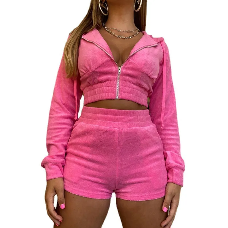 Amozae brown fur boots outfit Women's Two-Piece Sweater Hooded Navel Long Sleeve Zipper Jacket Slim Shorts Gold Velvet Suit