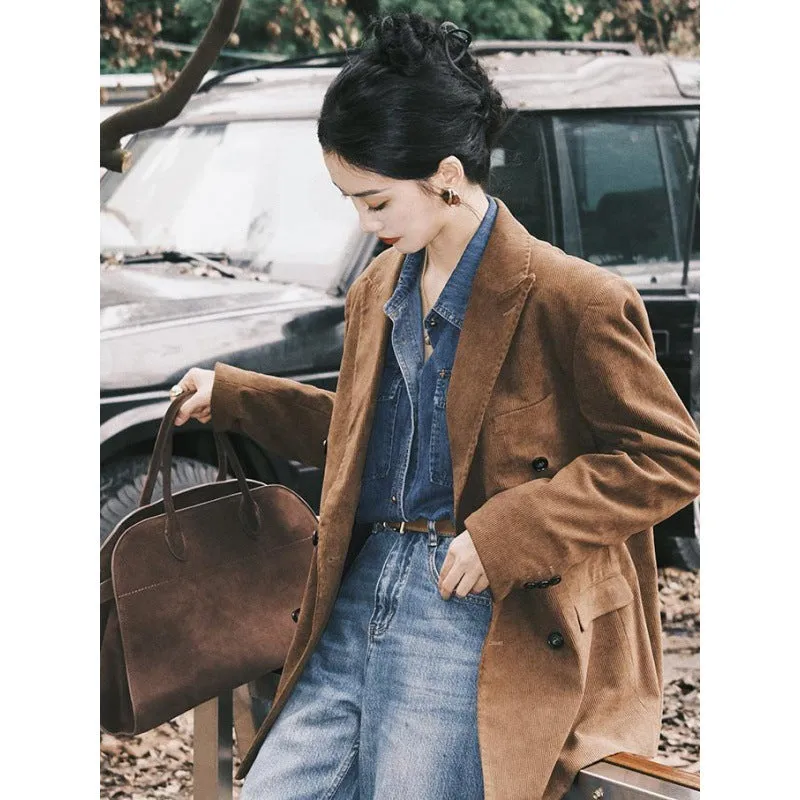 Amozae suit Retro Elegant Hong Kong Style Design Suit Collar Loose Corduroy Suit Jacket Women's Mid-Length 2024 Spring