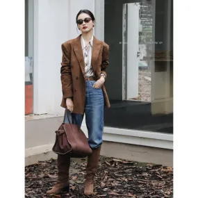 Amozae suit Retro Elegant Hong Kong Style Design Suit Collar Loose Corduroy Suit Jacket Women's Mid-Length 2024 Spring