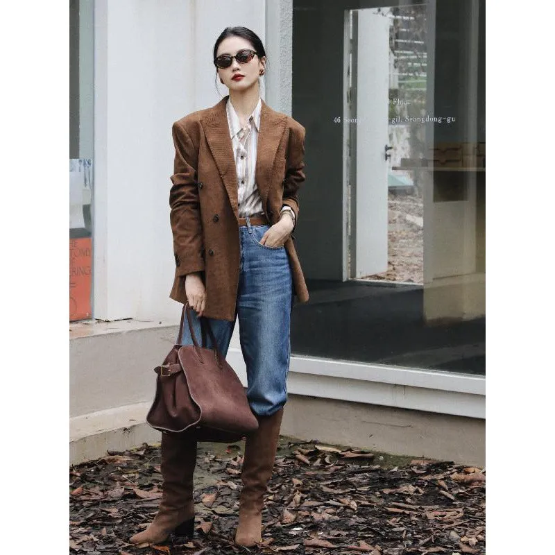 Amozae suit Retro Elegant Hong Kong Style Design Suit Collar Loose Corduroy Suit Jacket Women's Mid-Length 2024 Spring