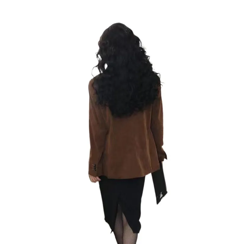 Amozae suit Retro Elegant Hong Kong Style Design Suit Collar Loose Corduroy Suit Jacket Women's Mid-Length 2024 Spring