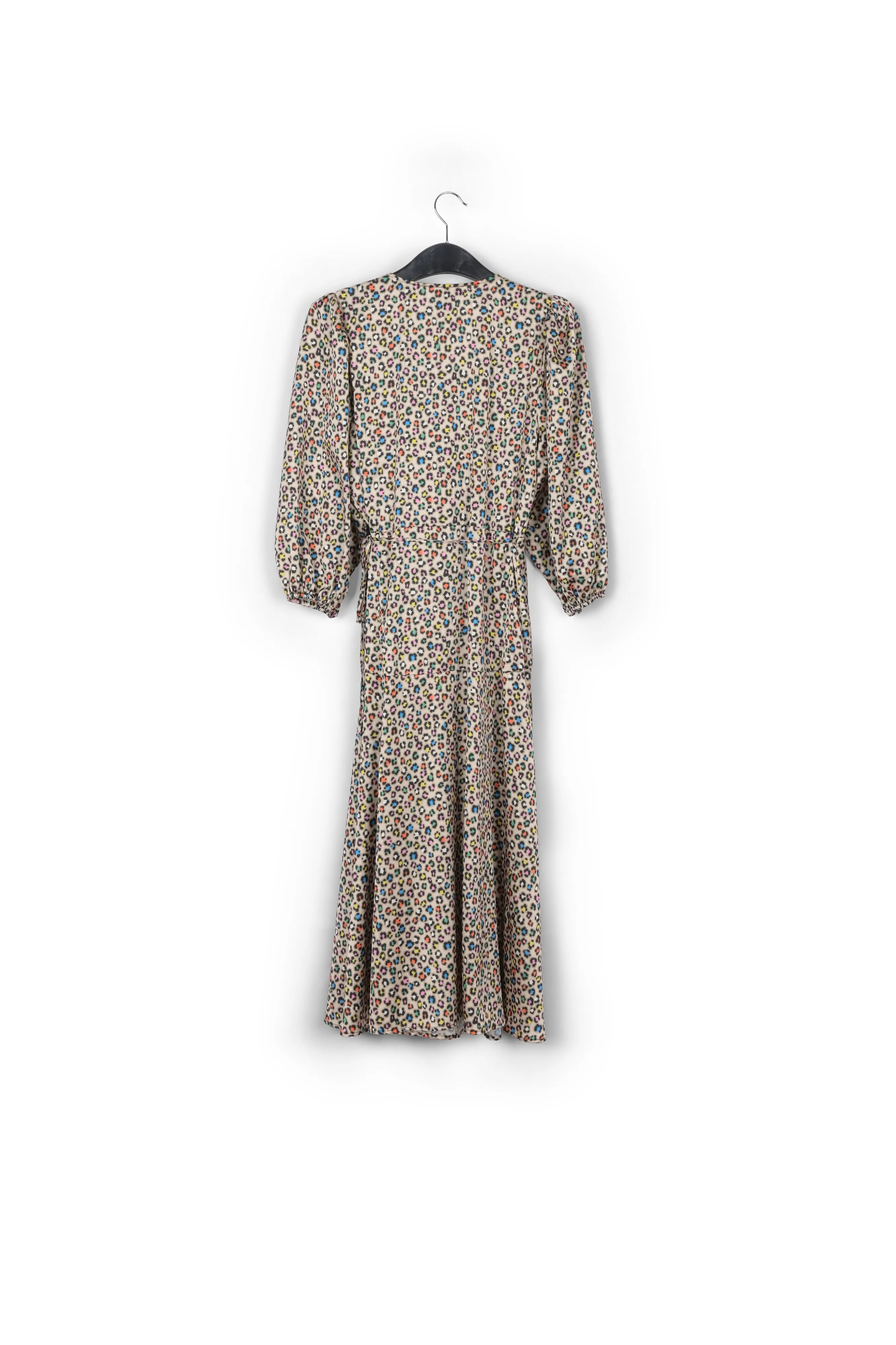 Beige midi-length wrap dress with multicolor leopard print