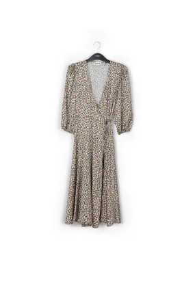 Beige midi-length wrap dress with multicolor leopard print