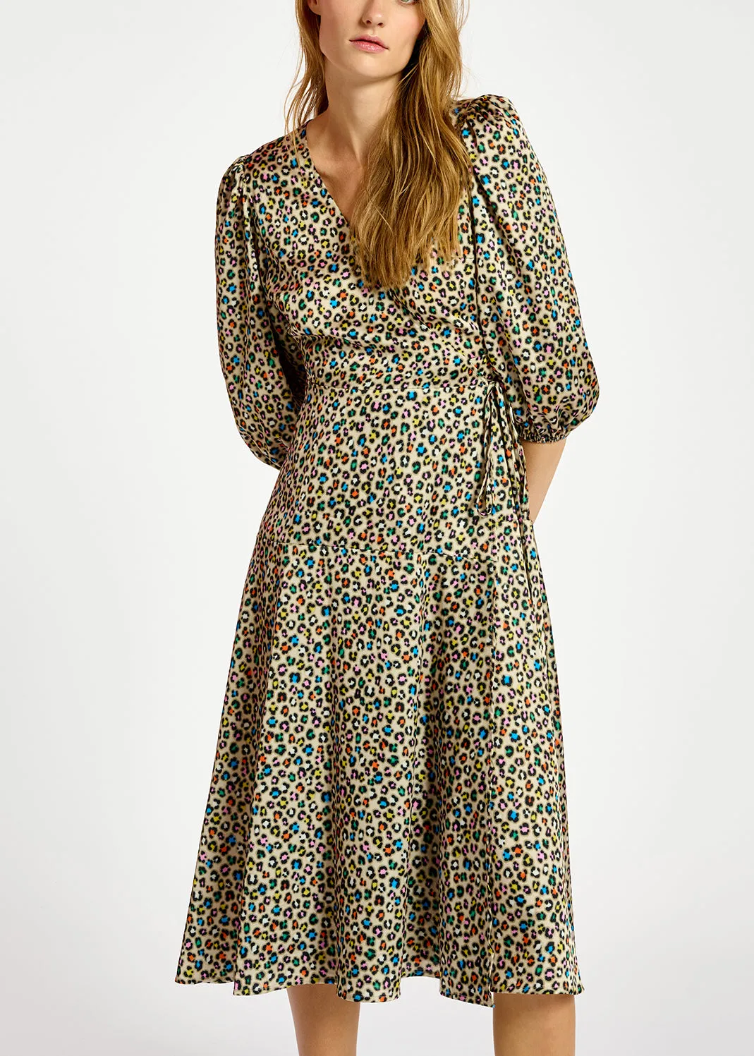 Beige midi-length wrap dress with multicolor leopard print