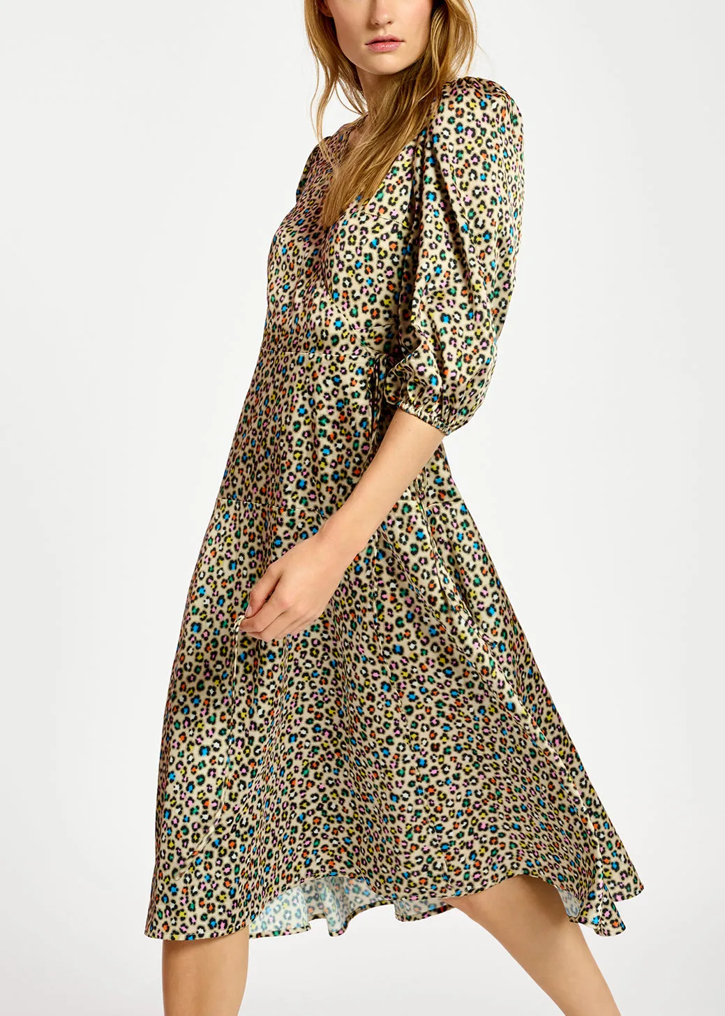 Beige midi-length wrap dress with multicolor leopard print
