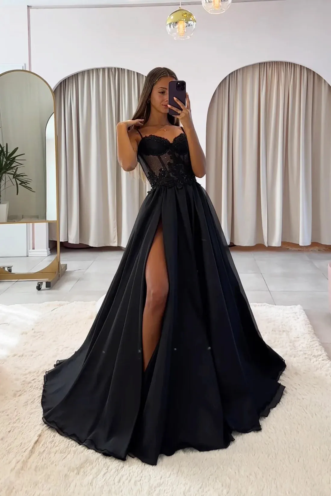 Black Chiffon Lace Long Part Dress, Black Spaghetti Strap A-Line Evening Dress