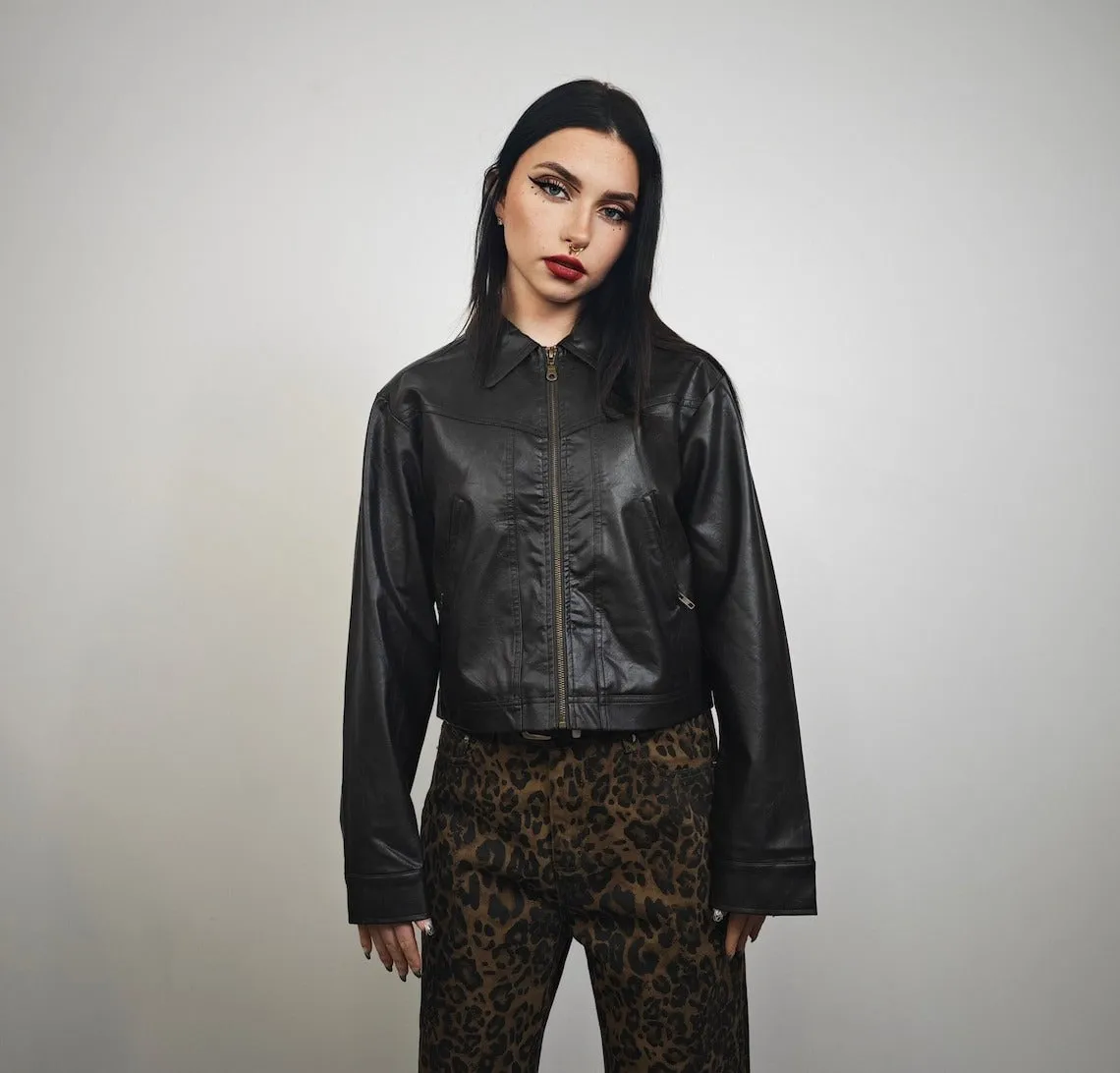 Black crop faux leather jacket racing utility PU bomber gorpcore sport jacket rocker varsity jacket retro 90s coat grunge college vinyl coat