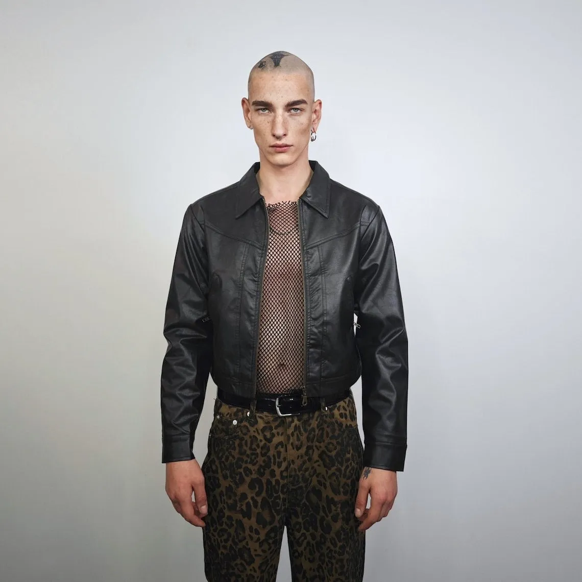Black crop faux leather jacket racing utility PU bomber gorpcore sport jacket rocker varsity jacket retro 90s coat grunge college vinyl coat