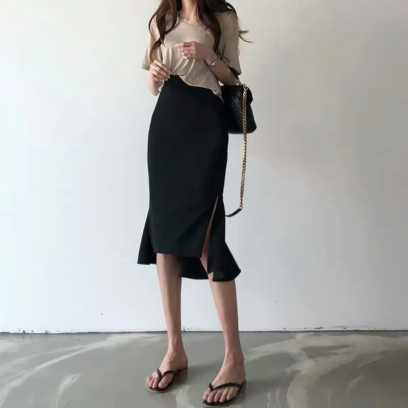 Black Fishtail Midi Skirt