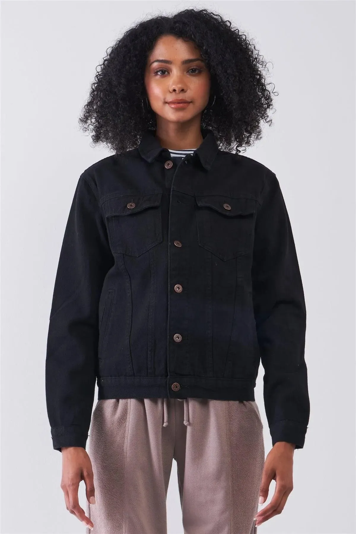 Black Oversized Long Sleeve Classic Denim Jacket /2-2-2-2-2