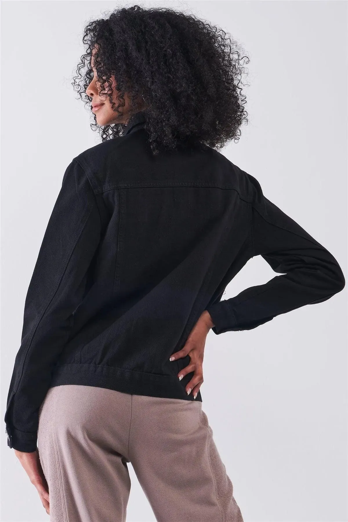 Black Oversized Long Sleeve Classic Denim Jacket /2-2-2-2-2