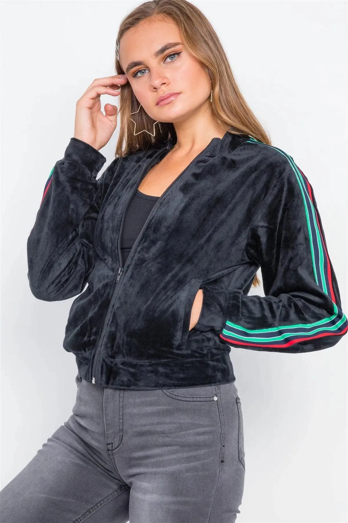 Black Velvet Zip-Up Sporty Long Sleeve Jacket /2-2-2