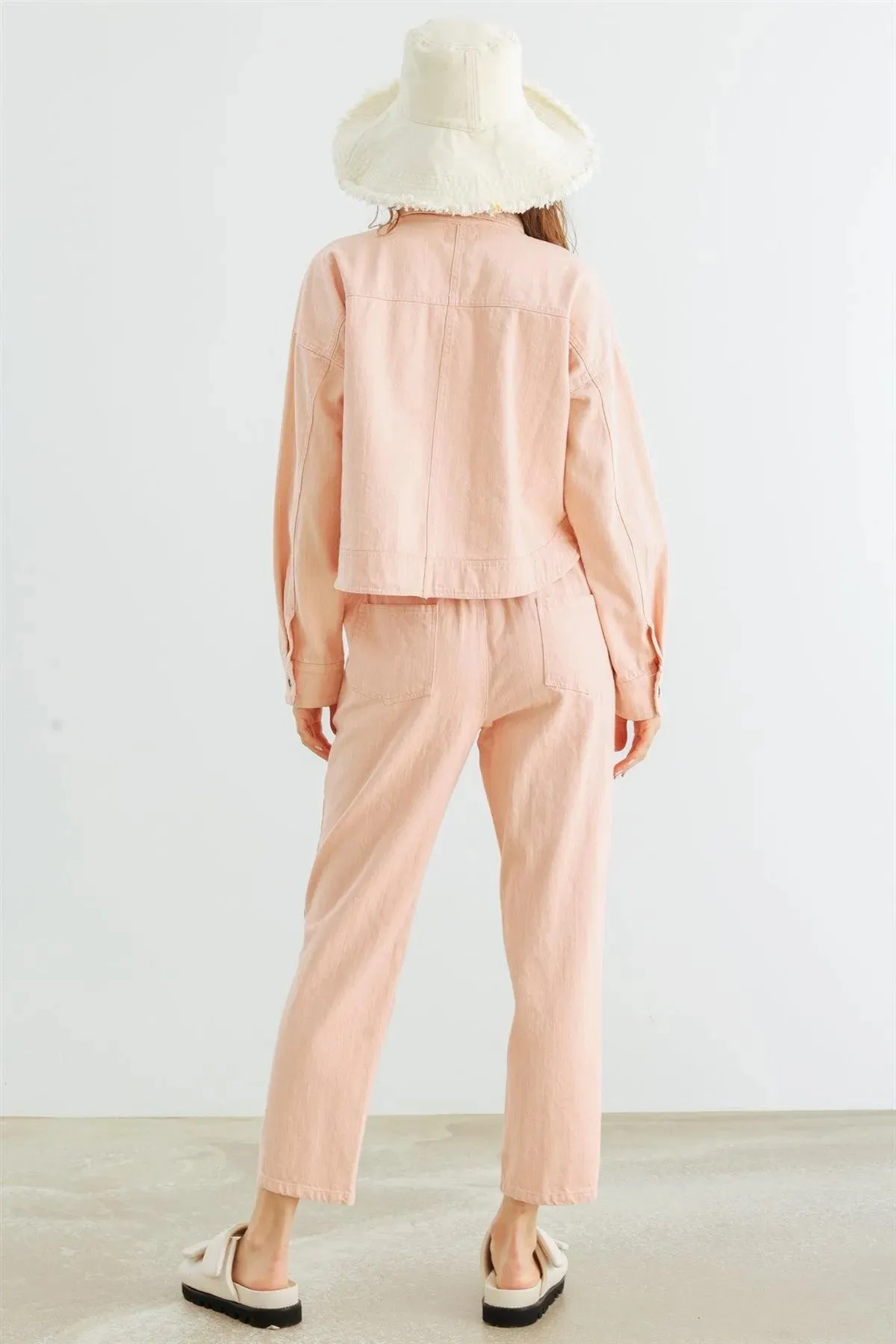 Blush Denim Cotton Button-Up Collared Neck Jacket & High Waist Pants Set /2-2-2