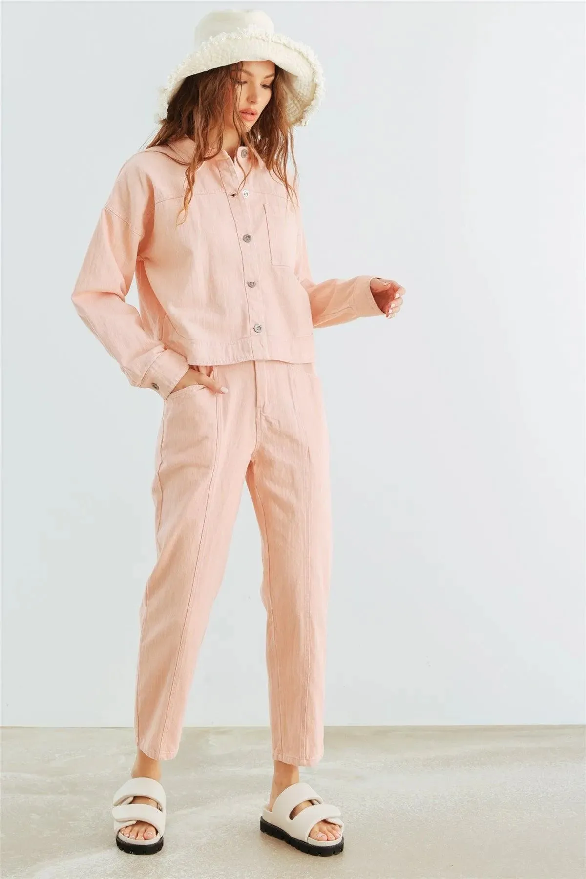 Blush Denim Cotton Button-Up Collared Neck Jacket & High Waist Pants Set /2-2-2