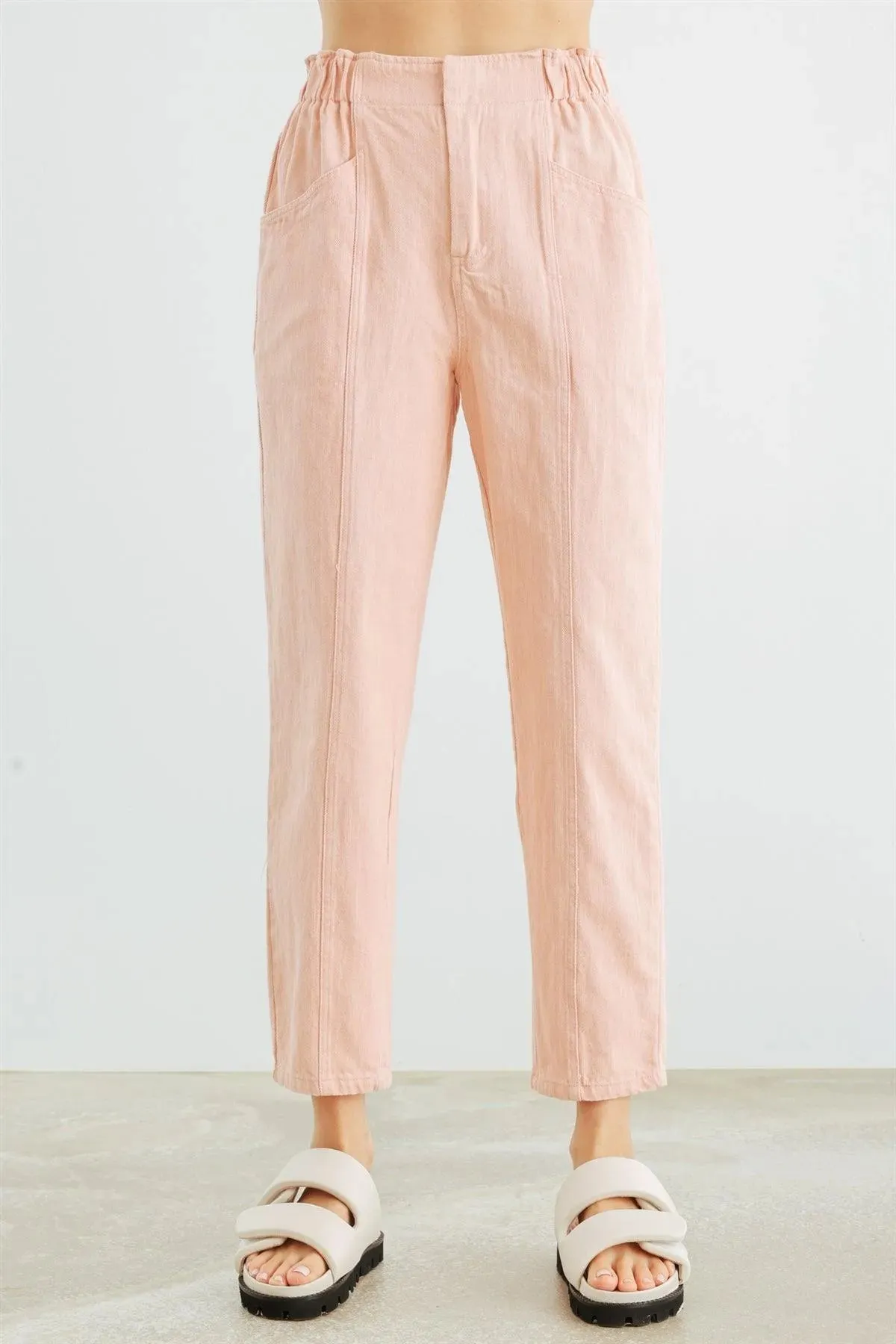 Blush Denim Cotton Button-Up Collared Neck Jacket & High Waist Pants Set /2-2-2
