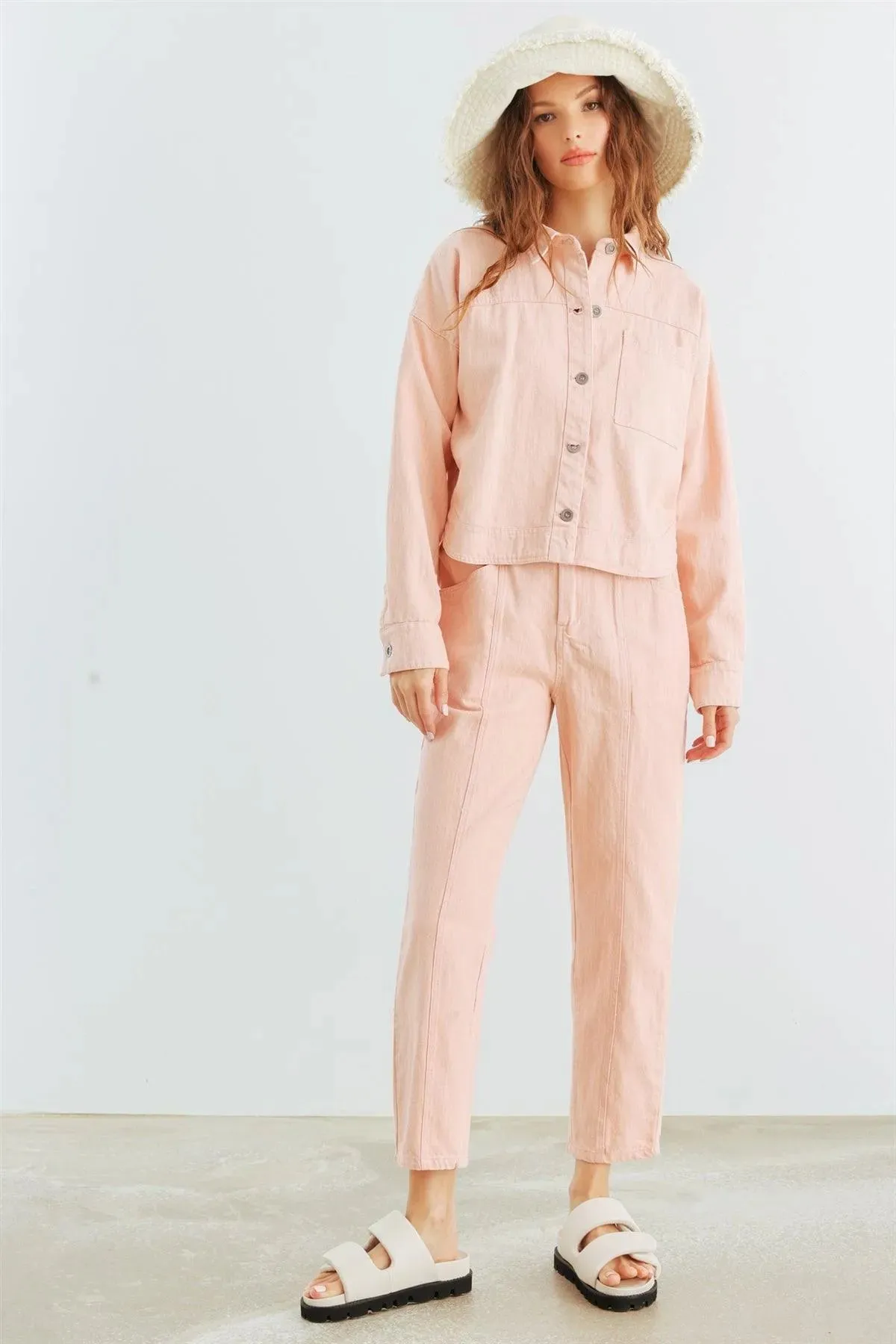Blush Denim Cotton Button-Up Collared Neck Jacket & High Waist Pants Set /2-2-2