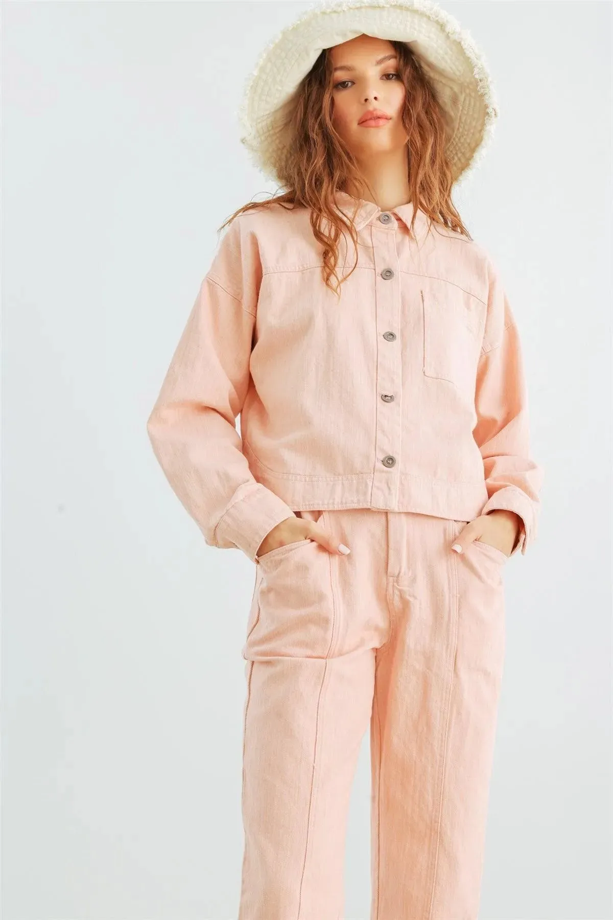 Blush Denim Cotton Button-Up Collared Neck Jacket & High Waist Pants Set /2-2-2