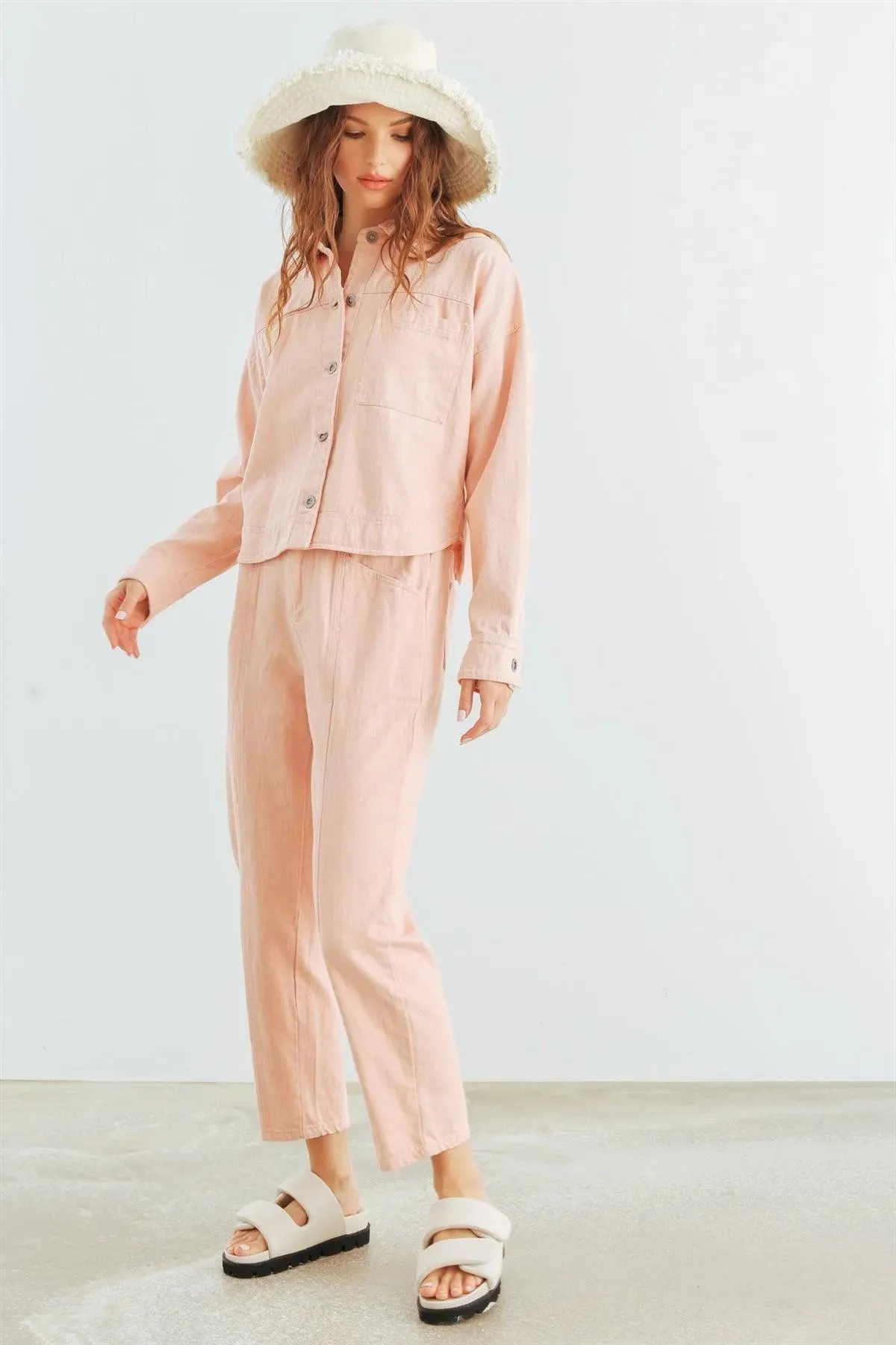 Blush Denim Cotton Button-Up Collared Neck Jacket & High Waist Pants Set /2-2-2