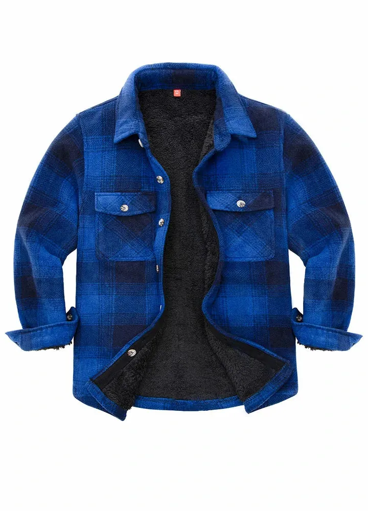 Boys Sherpa Lined Buffalo Plaid Fleece Button Down Shirt Jacket-Kids