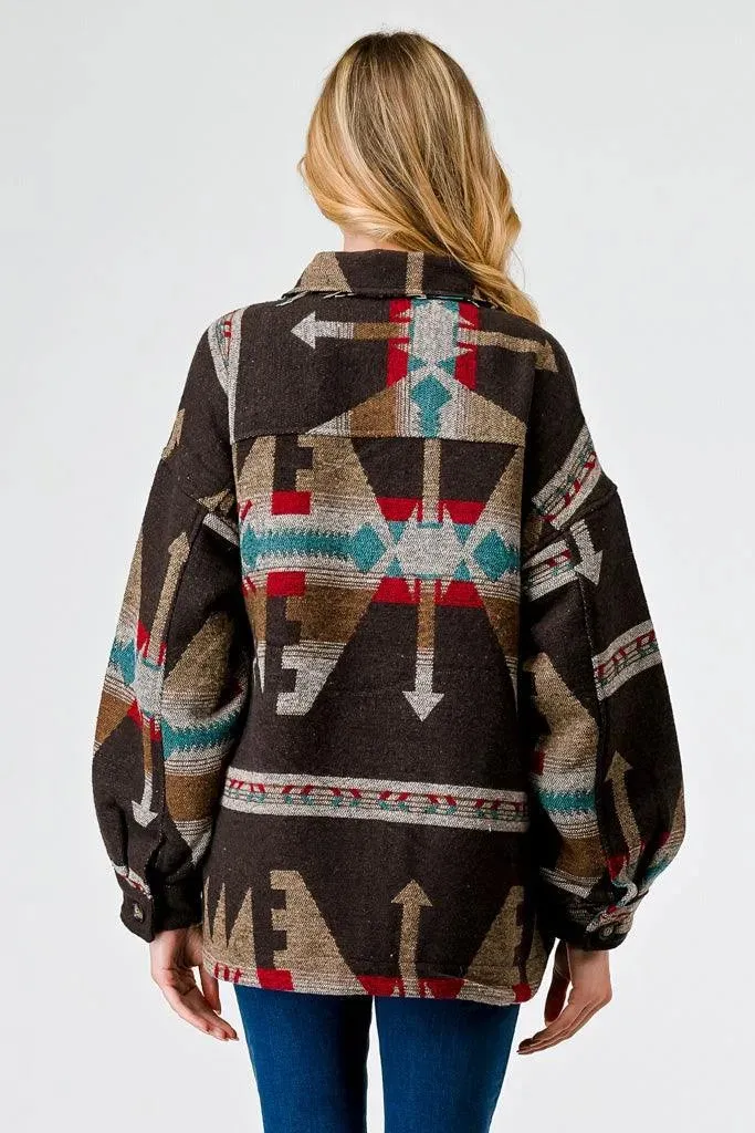Brown Mix Tribal Print Button-Up Collared Neck Four Pocket Long Sleeve Jacket /1-2-2