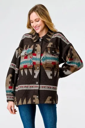 Brown Mix Tribal Print Button-Up Collared Neck Four Pocket Long Sleeve Jacket /1-2-2