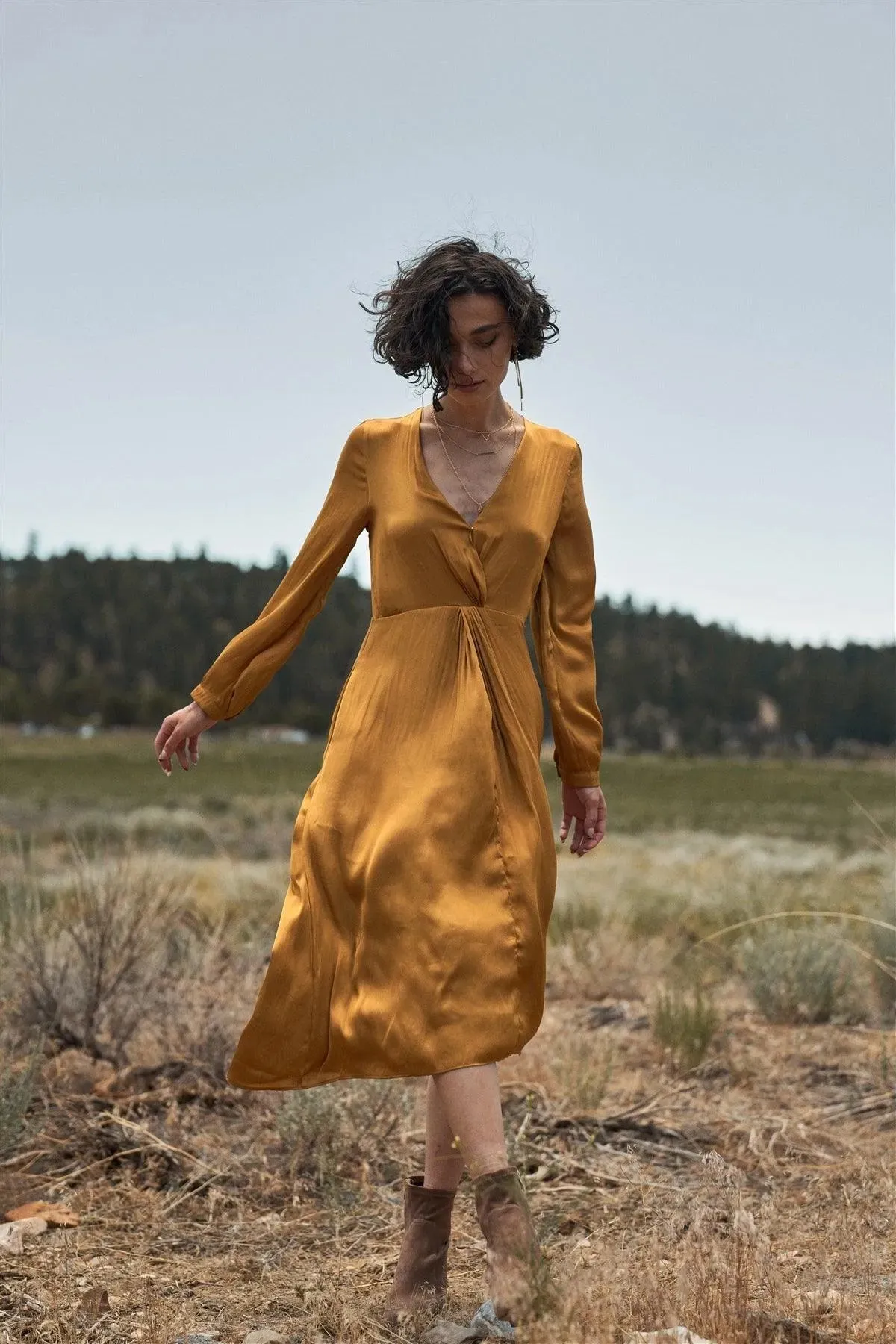 Dark Gold Satin Long Balloon Sleeve Wrap V-Neck Midi Dress /3-2-1