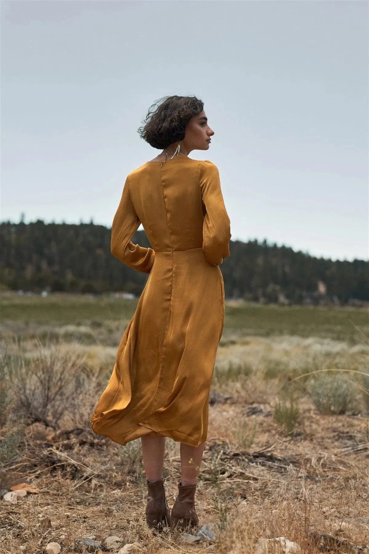 Dark Gold Satin Long Balloon Sleeve Wrap V-Neck Midi Dress /3-2-1