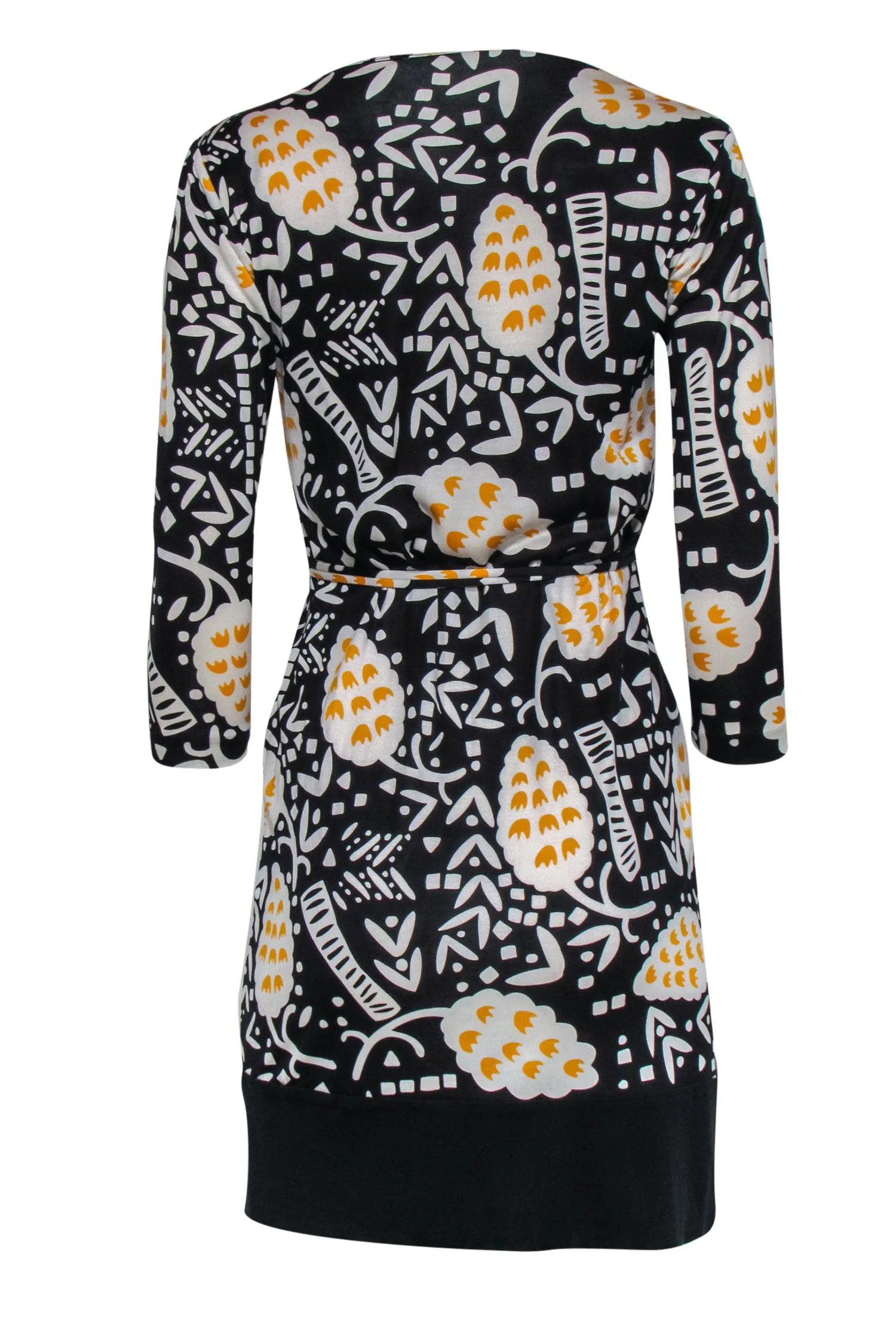 Diane von Furstenberg - Black, Yellow, & White Printed Wrap Mini Dress Sz 2